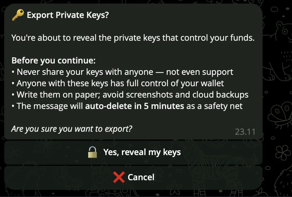 Clawd Agents — Export Private Key reveal screen