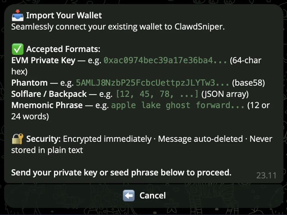 Clawd Agents — Import Wallet screen with credential prompt