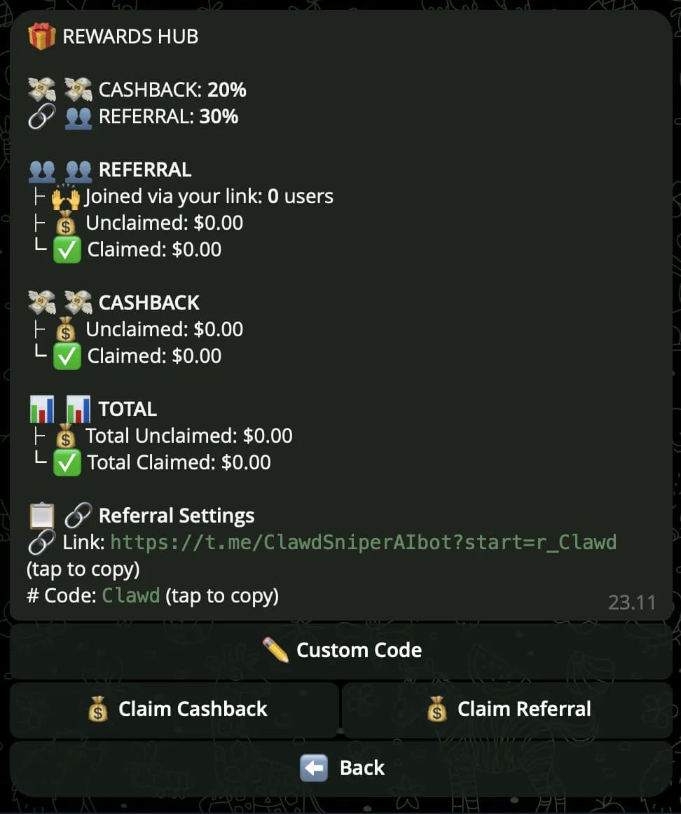 Clawd Agents — Rewards / Referral menu with link, rate, and earnings