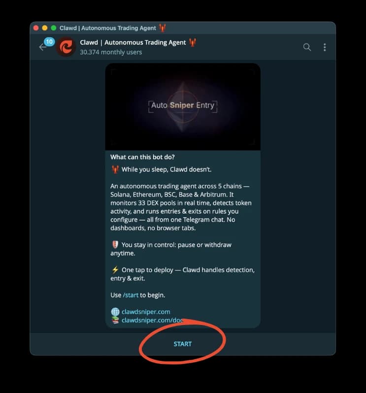 Clawd Agents bot โ Telegram info screen with /start
